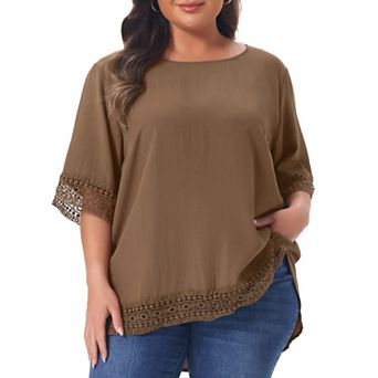 Women's Plus Size Lace Crochet Short Sleeve Shirts Casual Side Split Blouses Tops