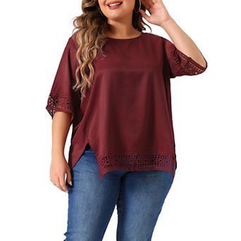 Women's Plus Size Lace Crochet Short Sleeve Shirts Casual Side Split Blouses Tops