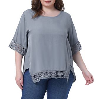 Women's Plus Size Lace Crochet Short Sleeve Shirts Casual Side Split Blouses Tops