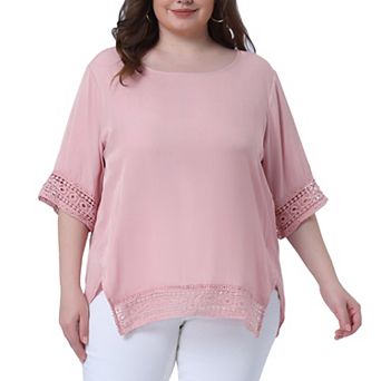 Women's Plus Size Lace Crochet Short Sleeve Shirts Casual Side Split Blouses Tops