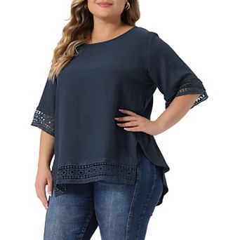 Women's Plus Size Lace Crochet Short Sleeve Shirts Casual Side Split Blouses Tops
