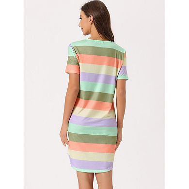 Women's Sleepshirt T-shirt Dress Colorful Striped Nightshirt Nightgown