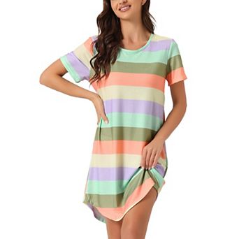Women's Sleepshirt T-shirt Dress Colorful Striped Short Sleeve Nightshirt Nightgown
