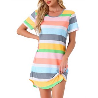 Women's Sleepshirt T-shirt Dress Colorful Striped Short Sleeve Nightshirt Nightgown