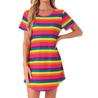 Women's Sleepshirt T-shirt Dress Colorful Striped Short Sleeve Nightshirt Nightgown