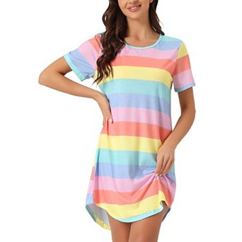 Women's Sleepshirt T-shirt Dress Colorful Striped Short Sleeve Nightshirt Nightgown