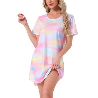 Women's Sleepshirt T-shirt Dress Colorful Striped Short Sleeve Nightshirt Nightgown