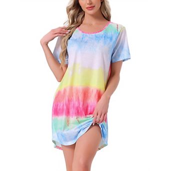 Women's Sleepshirt T-shirt Dress Colorful Striped Short Sleeve Nightshirt Nightgown