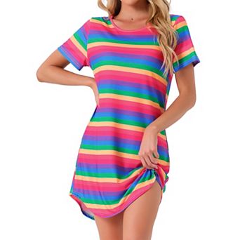 Women's Sleepshirt T-shirt Dress Colorful Striped Short Sleeve Nightshirt Nightgown