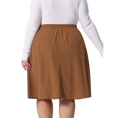 Women's Plus Size Elastic High Waist Button Front a Line Midi Corduroy Skirt with Pocket