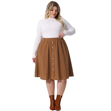 Women's Plus Size Elastic High Waist Button Front a Line Midi Corduroy Skirt with Pocket