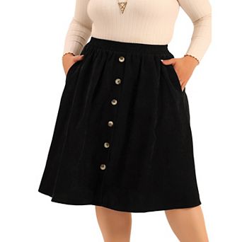 Women's Plus Size Elastic High Waist Button Front a Line Midi Corduroy Skirt with Pocket