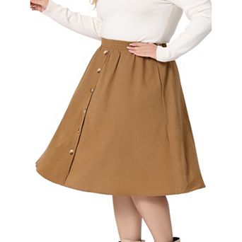 Women's Plus Size Elastic High Waist Button Front a Line Midi Corduroy Skirt with Pocket