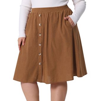 Women's Plus Size Elastic High Waist Button Front a Line Midi Corduroy Skirt with Pocket