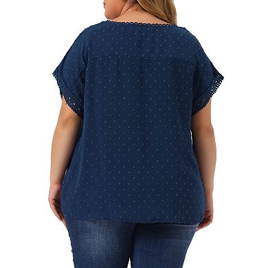Plus Size Chiffon Blouse for Women Swiss Dots Round Neck Lace Crochet Pleated Casual Shirt Top