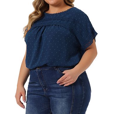 Plus Size Chiffon Blouse for Women Swiss Dots Round Neck Lace Crochet Pleated Casual Shirt Top