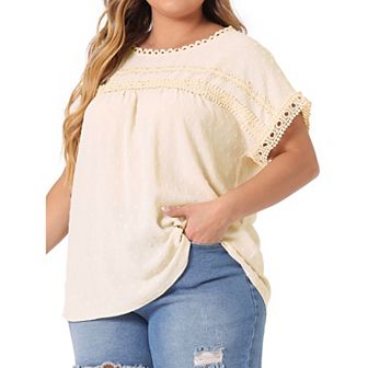 Plus Size Chiffon Blouse for Women Swiss Dots Round Neck Lace Crochet Pleated Casual Shirt Top