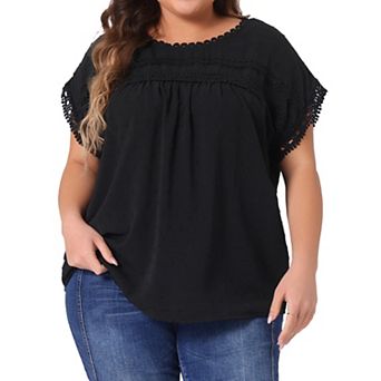Plus Size Chiffon Blouse for Women Swiss Dots Round Neck Lace Crochet Pleated Casual Shirt Top