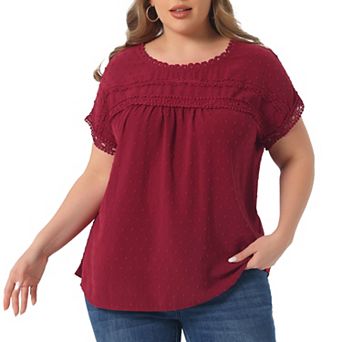 Plus Size Chiffon Blouse for Women Swiss Dots Round Neck Lace Crochet Pleated Casual Shirt Top