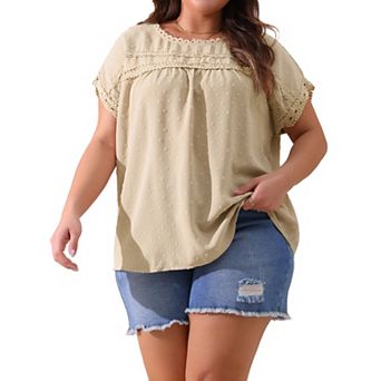 Plus Size Chiffon Blouse for Women Swiss Dots Round Neck Lace Crochet Pleated Casual Shirt Top