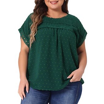 Plus Size Chiffon Blouse for Women Swiss Dots Round Neck Lace Crochet Pleated Casual Shirt Top