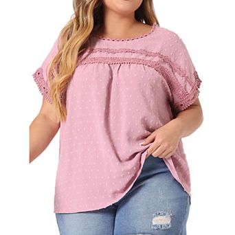 Plus Size Chiffon Blouse for Women Swiss Dots Round Neck Lace Crochet Pleated Casual Shirt Top