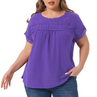 Plus Size Chiffon Blouse for Women Swiss Dots Round Neck Lace Crochet Pleated Casual Shirt Top