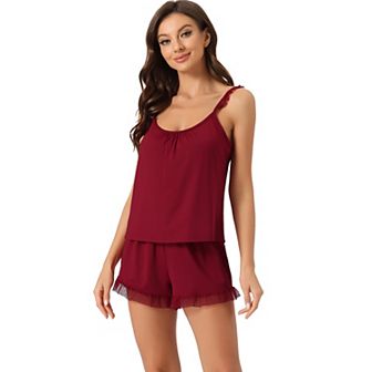 Women's Loungewear Round Neck Lace Trim Sleeveless Camisole Tops With Shorts Pajama Sets