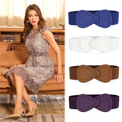 Women's Interlocked 8-Shaped Buckle Faux Leather Elastic Belt Fit Waist Girth 25"-37"