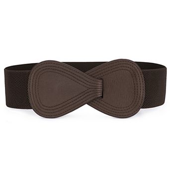 Women's Interlocked 8-Shaped Buckle Faux Leather Elastic Belt Fit Waist Girth 25"-37"