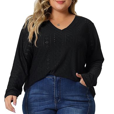 Plus Size Tunic Tops For Women V Neck Long Sleeve Hollowed T-shirt Blouse Tunic Tops 2023