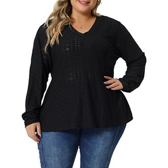 Plus Size Tunic Tops for Women V Neck Long Sleeve Hollowed T-Shirt Blouse Tunic Tops