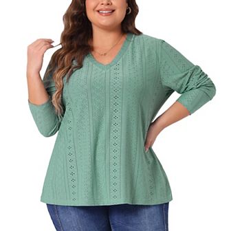 Plus Size Tunic Tops for Women V Neck Long Sleeve Hollowed T-Shirt Blouse Tunic Tops