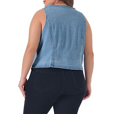 Plus Size Denim Vest For Women Sleeveless V Neck Button Down Jean Waistcoat Jacket