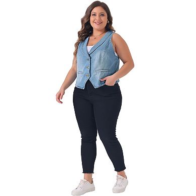 Plus Size Denim Vest For Women Sleeveless V Neck Button Down Jean Waistcoat Jacket
