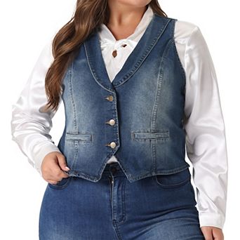 Plus Size Denim Vest For Women Sleeveless V Neck Button Down Jean Waistcoat Jacket