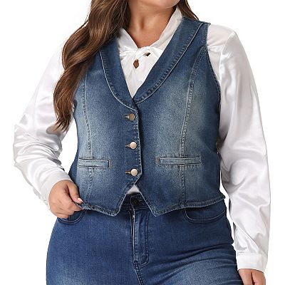 Plus Size Denim Vest For Women Sleeveless V Neck Button Down Jean Waistcoat Jacket