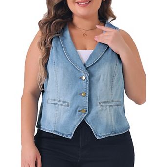 Plus Size Denim Vest For Women Sleeveless V Neck Button Down Jean Waistcoat Jacket