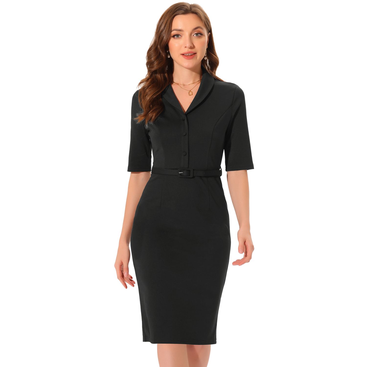 Women's Color Block Sheath Pencil Dress - Short Sleeve Business Cocktail Church Dress