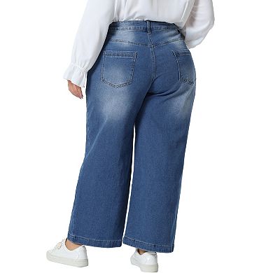 Plus Size Jeans For Women Wide Leg Baggy Washed Stretch With Pockets Denim Ankle Pants