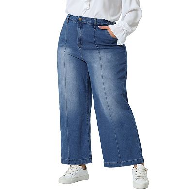 Plus Size Jeans For Women Wide Leg Baggy Washed Stretch With Pockets Denim Ankle Pants