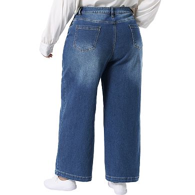 Plus Size Jeans for Women Wide Leg Baggy Washed Stretch with Pockets Denim Ankle Pants