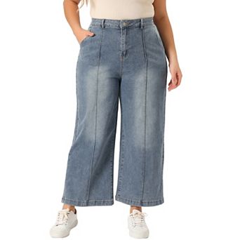 Plus Size Jeans For Women Wide Leg Baggy Washed Stretch With Pockets Denim Ankle Pants
