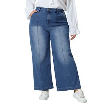 Plus Size Jeans For Women Wide Leg Baggy Washed Stretch With Pockets Denim Ankle Pants