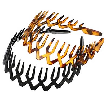 2 pc Plastic Shark Teeth Wave Headbands For Women Black Amber 4.72"x1.57"
