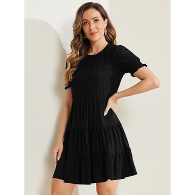 Boho Smocked Dress For Women Round Neck Short Sleeve Tiered Dresses