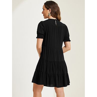 Boho Smocked Dress For Women Round Neck Short Sleeve Tiered Dresses