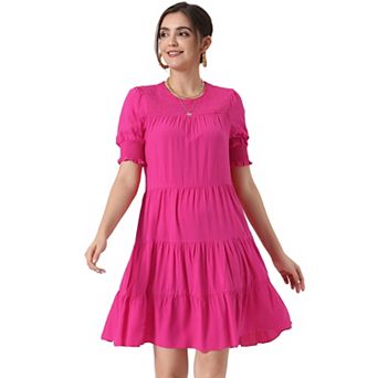 Boho Smocked Dress For Women Round Neck Short Sleeve Tiered Dresses