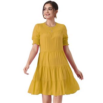 Boho Smocked Dress For Women Round Neck Short Sleeve Tiered Dresses