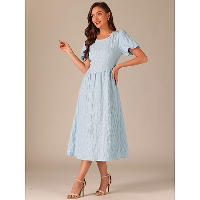 Summer Puff Sleeve Dresses For Women Round Neck Solid Textured Fit And Flare Dress